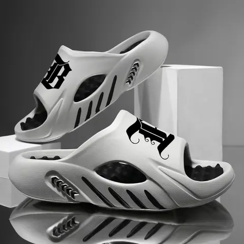 Men's Thick Cushioned Slippers - Classic Men's Shoes with Unique Letter Upper, Breathable Non-Slip EVA Below-the-Ankle Sole, Party & Beach-Ready Unisex Indoor Dorm Footwear