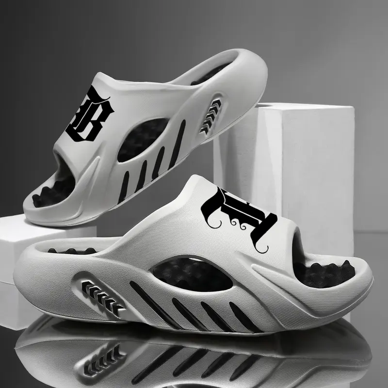 Men's Thick Cushioned Slippers - Classic Men's Shoes with Unique Letter Upper, Breathable Non-Slip EVA Below-the-Ankle Sole, Party & Beach-Ready Unisex Indoor Dorm Footwear