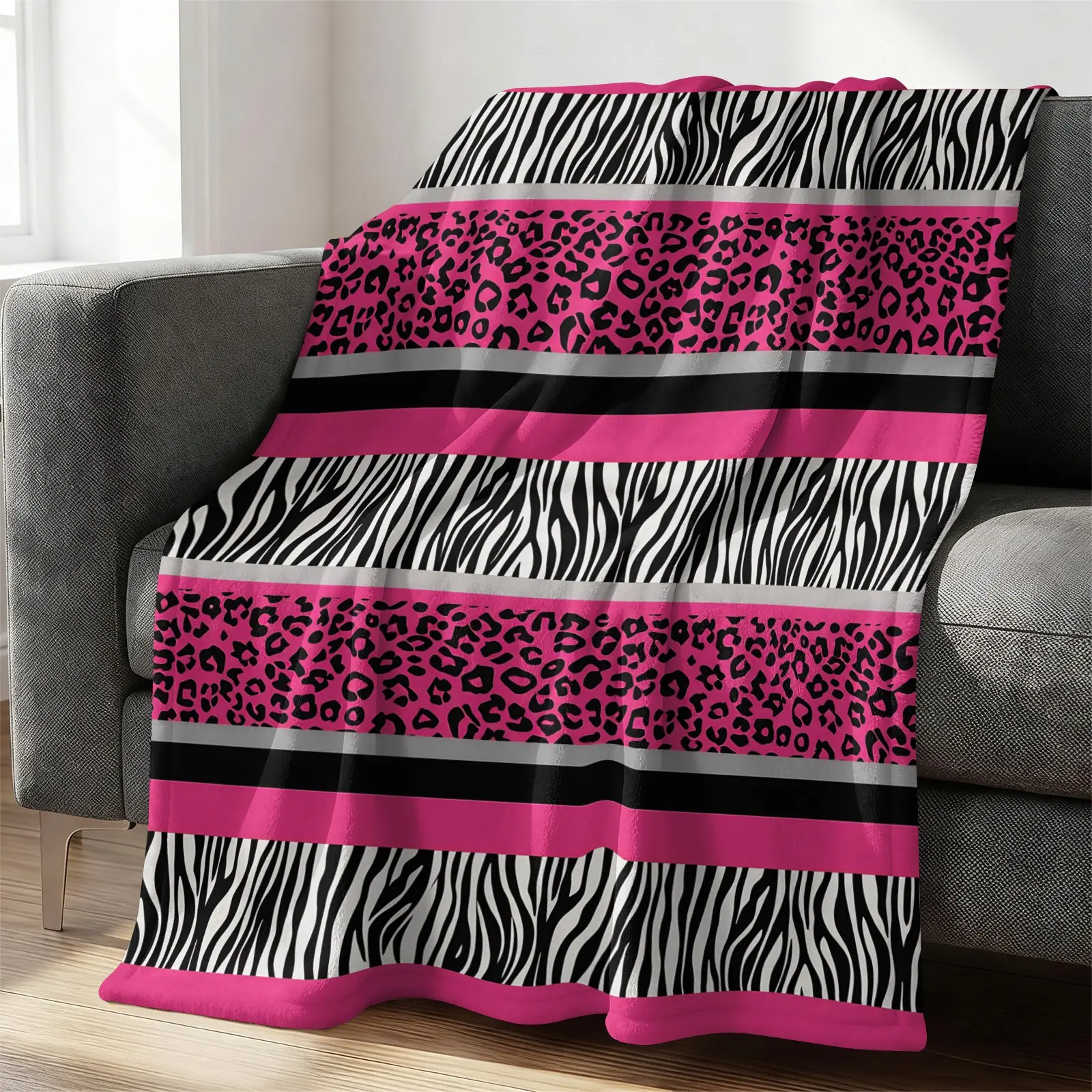 Zebra Stripes Pink Leopard Print Flannel Blanket, Bold Animal Stripe Throw Blanket, Warm Blanket for Y2K Style Home, Soft Glam Gift Blanket, Cozy for Kids Girls Couch Bed Sofa Bedroom