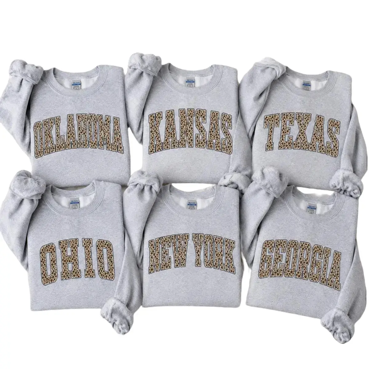 Custom State Name Leopard Print Crewneck, Personalized Oklahoma Kansas Texas Ohio New York Georgia Sweatshirt Vintage College Letter Pullover, Matching Family Gift, Unisex Sweatshirt - TrendWear USA