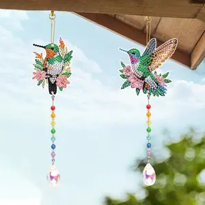 Hummingbird Design Tropical Floral Design Diamond Art Painting Wind Chime, DIY Diamond Art Painting Wind Chime, DIY Decorative Hanging Ornament for Home Garden Tropical Leaf Design, Ornaments Decor