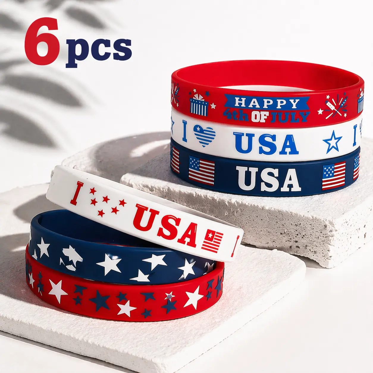 6pcs Silicone Wristbands Set with American Flag Design – Multi-Color Printed, Perfect for USA Pride, Sports, and Everyday Wear