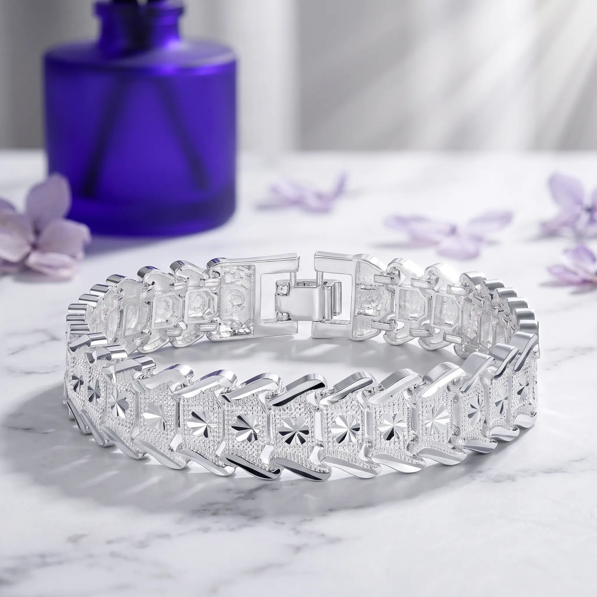 925 Pure Silvery Watch Band Link Bracelet, Starburst Diamond Cut Pattern Silver Wrist Chain, Adjustable Buckle Unisex Bracelet, Fashion Couple Jewelry Gift for Men Women Birthday Anniversary