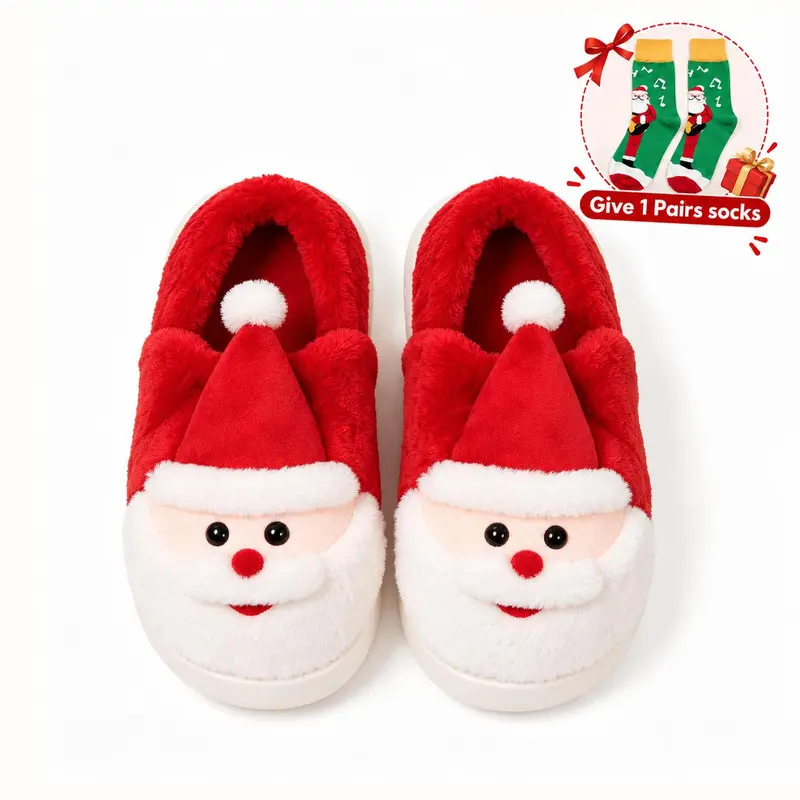 Women's Unisex Cozy Thick-Sole Cotton Footwear, Closed-Toe Anti-Slip Plush Slippers with Santa Face Charm, Indoor/Outdoor Autumn Winter Home Use, Christmas Gift for Sister, Girlfriend Last Minute Presents