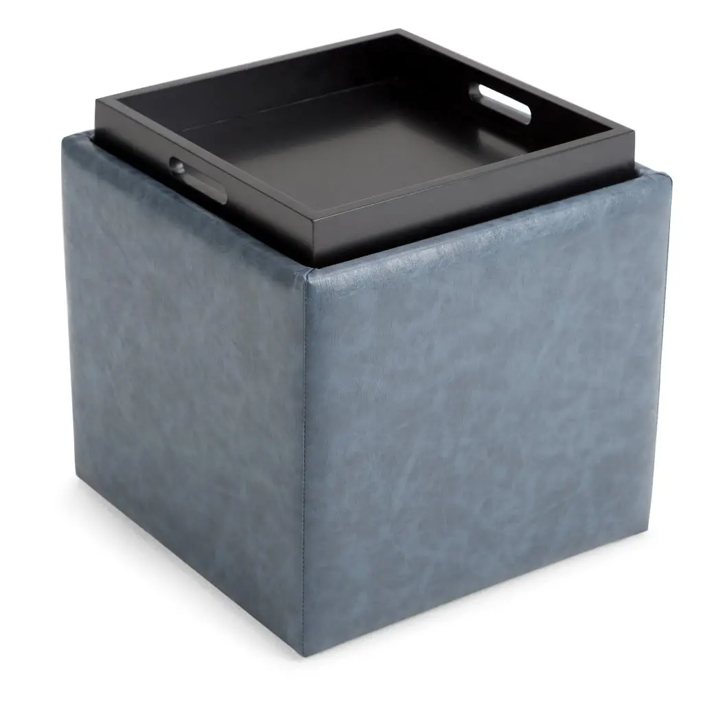 Small Denim Blue Square Upholstered Storage Ottoman - 360-Degree Rotating, 16.90x16.90x16.90 in, Plywood Frame, Modern Contemporary Indoor Furniture Stool Bench, High-Quality Foam, Fashionable Storage, Full Assembly Required