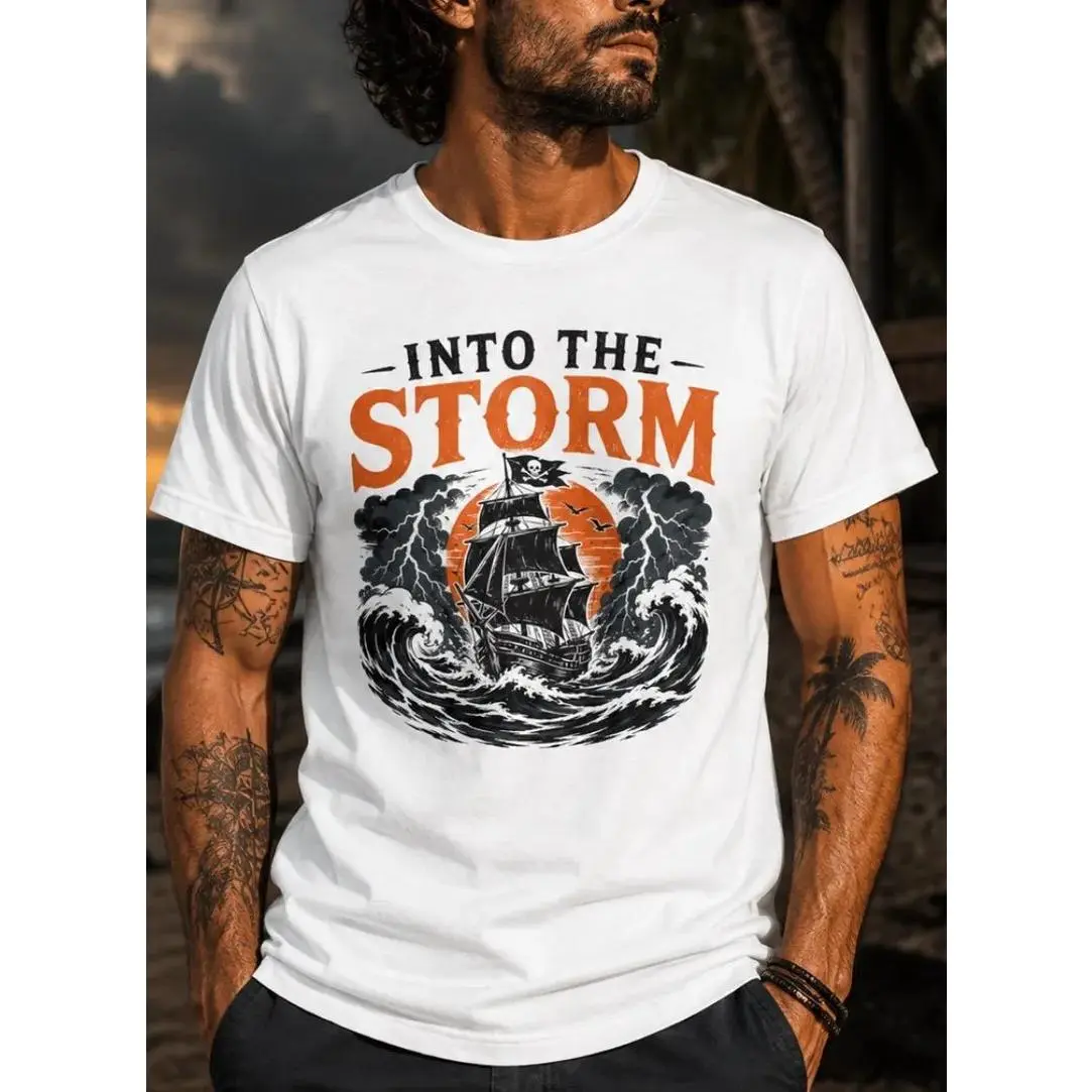 Into the Storm Pirate Shirt, Pirate Ship T-Shirt, Nautical Graphic Tee, Beach Vacation Shirt, Ocean Lover Gift for Men, Sea Adventure Tee