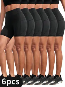 6-Pack[High-Waist Tummy Control Yoga Shorts] Women's High-Waist Black Yoga Shorts with Pockets - Tummy Control, Stretchy Running & Workout Leggings, Durable Polyester/Spandex Blend, Sleek Design