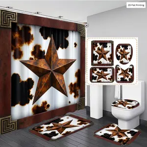 1/3/4PCS Rustic Star Decor with Brown white Background Shower Curtain Set with Rugs, Non Slip Bath Mat, U-Shape Carpet, Toilet Lid Cover, Polyester Fabric Bathtub Curtain Accessories, 12 Hooks, Home Bathroom Festival Decor