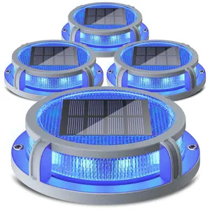Siedinlar Solar Driveway Deck Dock Lights, Waterproof 2 Modes Blue/Red 16 LEDs Heavy-Duty Aluminum Outdoor Ground Lights for Walkway, Pathway, Steps, Yard, Patio & Garden