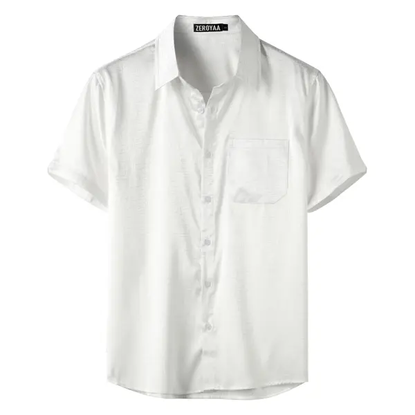 ZEROYAA Men's Shiny Luxury Silk Satin Jacquard Dress Shirt Short Sleeve Button Up Shirts with Pocket for Party Prom