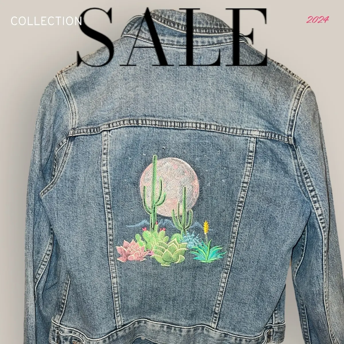 Moonlit Desert - Machine Embroidered Denim Jacket - Custom Apparel Womenswear Embroidery