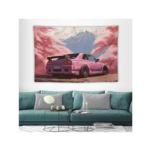 1pc Car Tapestry Wall Hanging Decor, Suitable For Bedroom Living Room Dorm Wall Art Japanese JDM R34 Pink Sakura Tree Mountain Tapestry, Flag For Room, Room Decor, Room Stuffs, Flags For Room, Home Decor, Wall Tapestry, Pink Tapestry Hen We