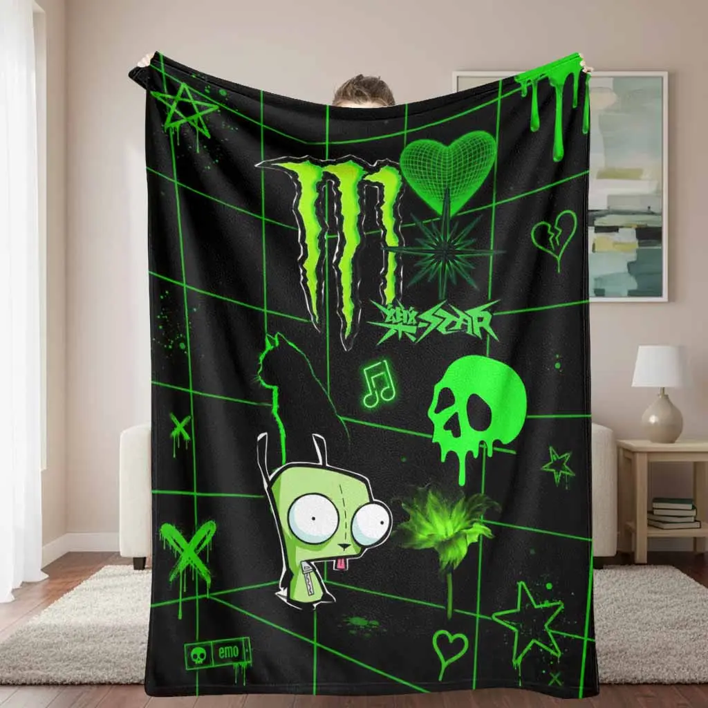 Emo Goth Neon Flannel Throw Blanket, Green Skull Cat Cartoon Print, Soft Cozy Lightweight Anti-Pilling for Sofa Bedroom, Horror Lover Gifts for Halloween,back to school,back to school shopping,home decor
