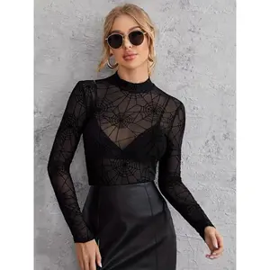 Women's Mesh Lace Shirt High Neck Long Sleeve Spider Web Sheer Fit Sizes S-XXL Sexy Crop Top For Parties Daily Use Fashion Base Layer Outfit Blouses Clothes Girl Knit Fabric Crochet Knitting Womenswear Basic
