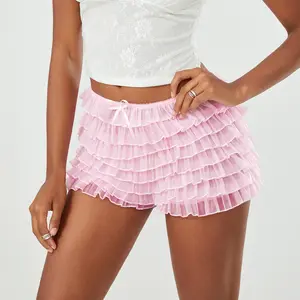 Womens Lolita Bloomers Lace Layered Mesh Ruffle Shorts Low Rise Micro Shorts Y2k Cute Fairy Pajamas Bottoms