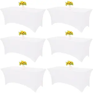 6 Pack Table Cloth 6ft White Tablecloths for Rectangle Folding Table Spandex Fitted Stretch Cover Wrinkle Resistant Washable Protector for, Wedding, Banquet, Festival.