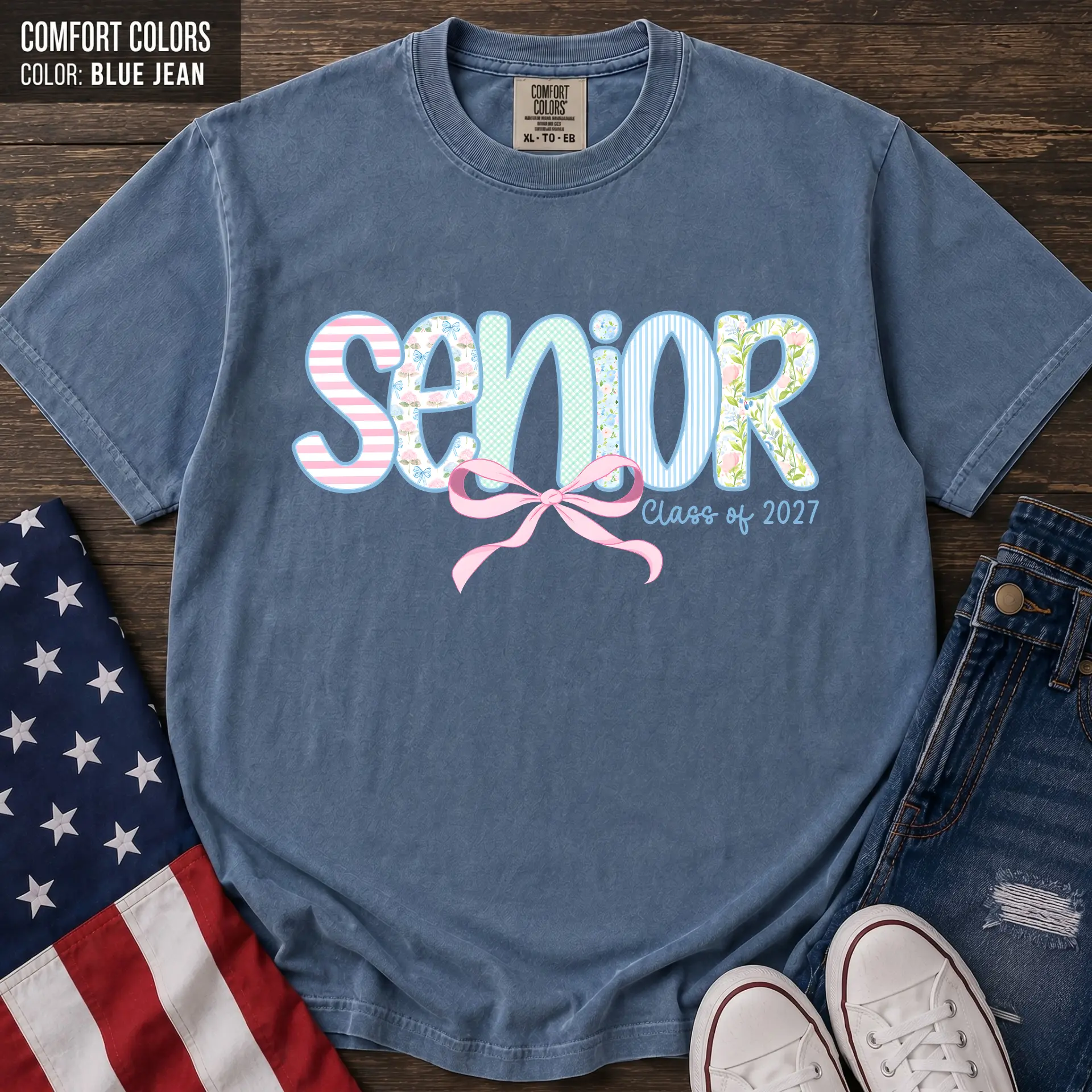 Comfort Colors Senior 2027 Patchwork Shirt, Premium Heavyweight Cotton Coastal Coquette Bow Tee, Cute Floral Class of 2027 Graduation Top, Century Cotton Co.