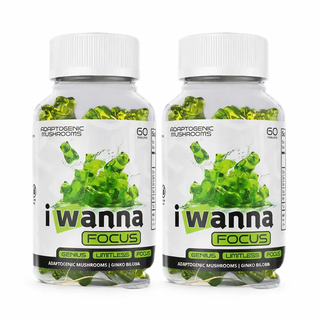 iWanna Focus Chewable Brain Boost Wellness Gummies - 2-Pack Convenient Vegan Peach Gummies, Gluten-Free Ginkgo Biloba Gummy Supplements, Plant-Based Vitamins for Brain Health, Mental Focus, Memory Support
