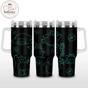 Snorlax 40oz Tumbler With Handle, Black Teal Sleeping Monster Stainless Steel Insulated Travel Cup, Cute Anime Gamer Leakproof Mug Gift For Fans