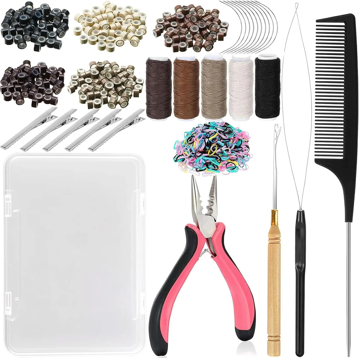 Hair Extension Tools Kit,500 Silicone Lined Micro Ring Beads, 1Plier, 1Threader, 1Crochet Hook, 10 Curved Hair Needles, 5 Hair Clips, 5 Rolls Sewing Thread, 100 Rubber Bands with Storage Case – Complete Professional I‑Tip, Weft & Tinsel Hair Extension Set