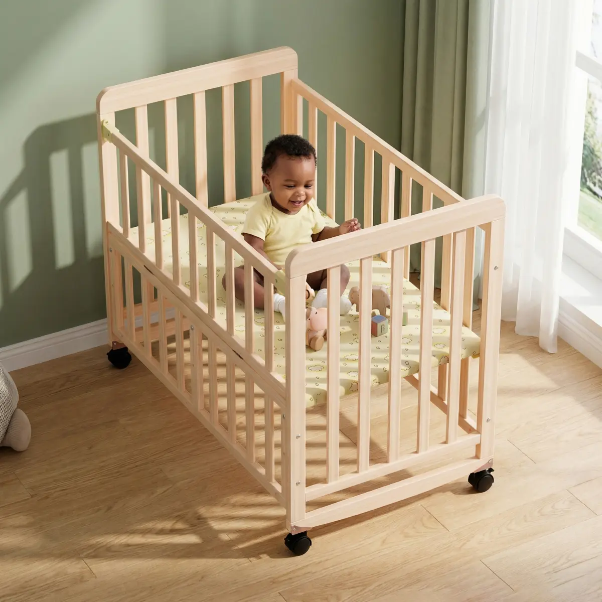 Aobtkel Baby Bassinet Bedside Sleeper - Portable Pine Wood Cribs Convertible, 3-Height Toddler Cot, 0.78in Mattress, Space-Saving Mini Crib for Newborns 0-36 Months WL
