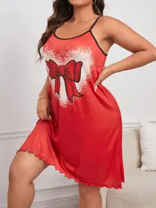 Comfortable Casual Loose Strap Sleepwear, Skin-Friendly Summer Plus Size, Cute Cartoon Bowknot Print Nightgown, All over Print Design