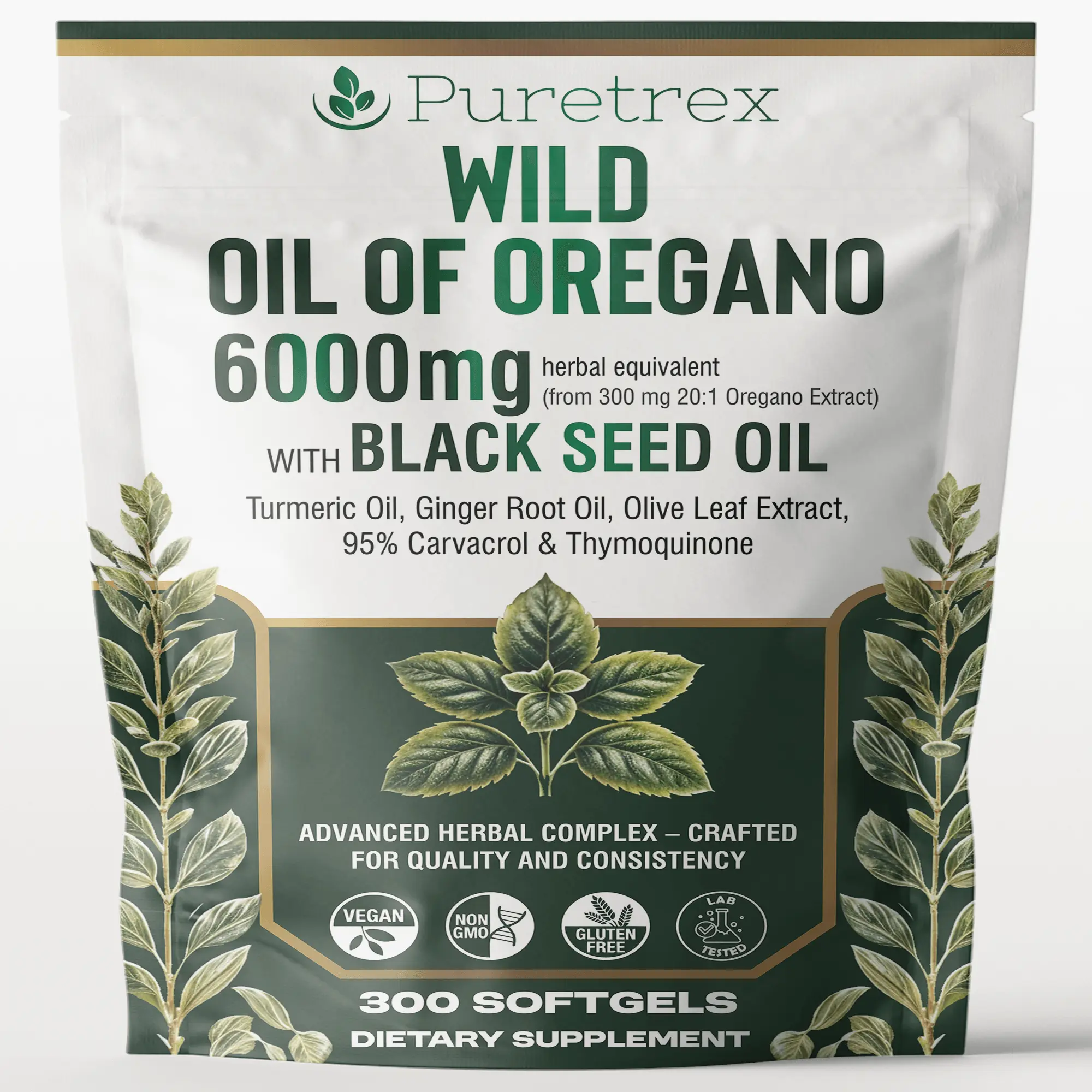 Wild Oil of Oregano 6000mg – 95% Carvacrol with Black Seed Oil & Turmeric | 300 Softgels