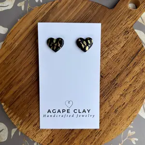 Heart Gold and Black Polymer Clay Stud Earrings