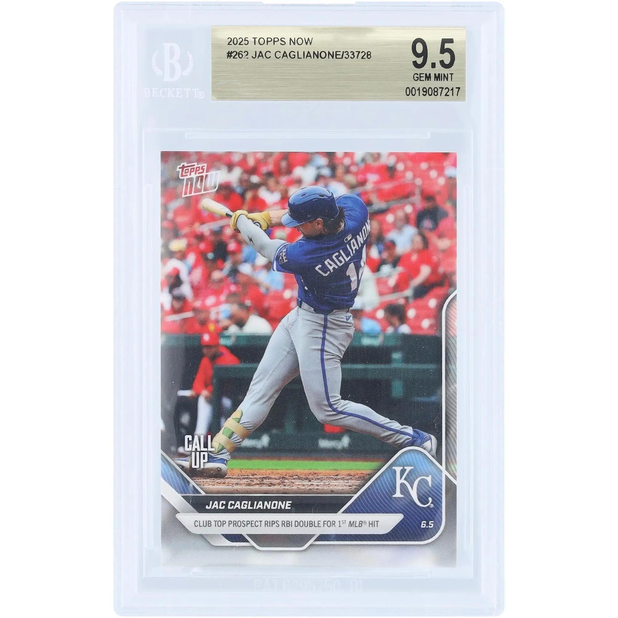 Jac Caglianone Kansas City Royals 2025 Topps Now Call Up Club Top Prospect Rips RBI Double in 1st MLB Hit #262 BGS Authenticated 9.5 Card