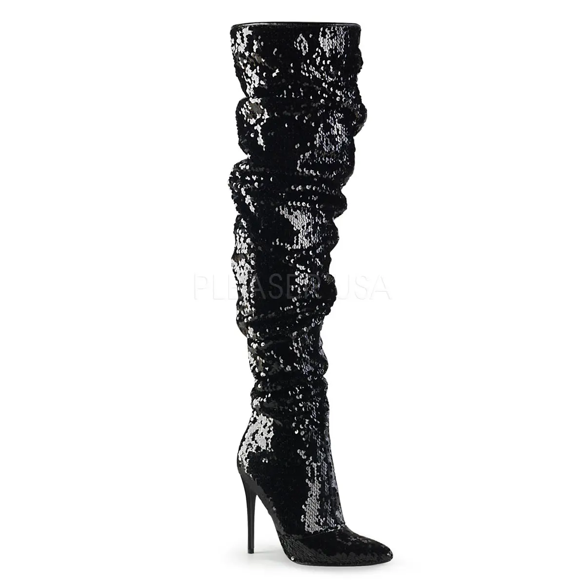 Black Sequin Boots for Women, Courtly-3011 Over-the-Knee Ruched Slouchy Style with a 5-Inch Stiletto Heel and Inside Zip, Boot