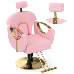 Salon Chair for Hair Stylist Reclining Hydraulic Height Adjustable Barber Chair 360°Swivel Comfortable Recliner Styling Chair, Unique Headrest Design, Pink and Gold