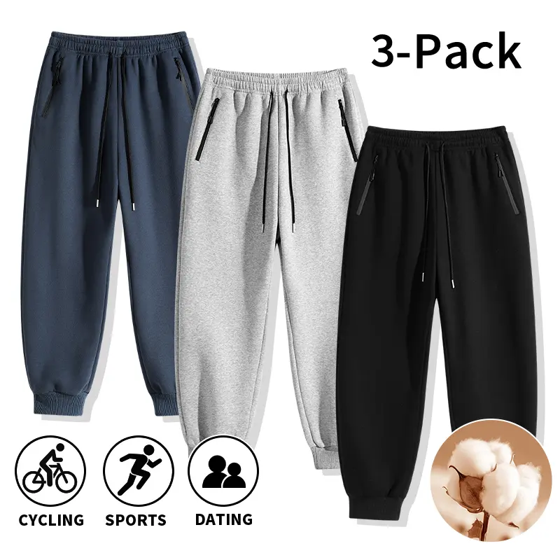 3 Pack Men’s Cotton Joggers, Warm Sweatpants, Elastic Waist Drawstring, Loose Fit, Machine Washable, Casual Sports Pants