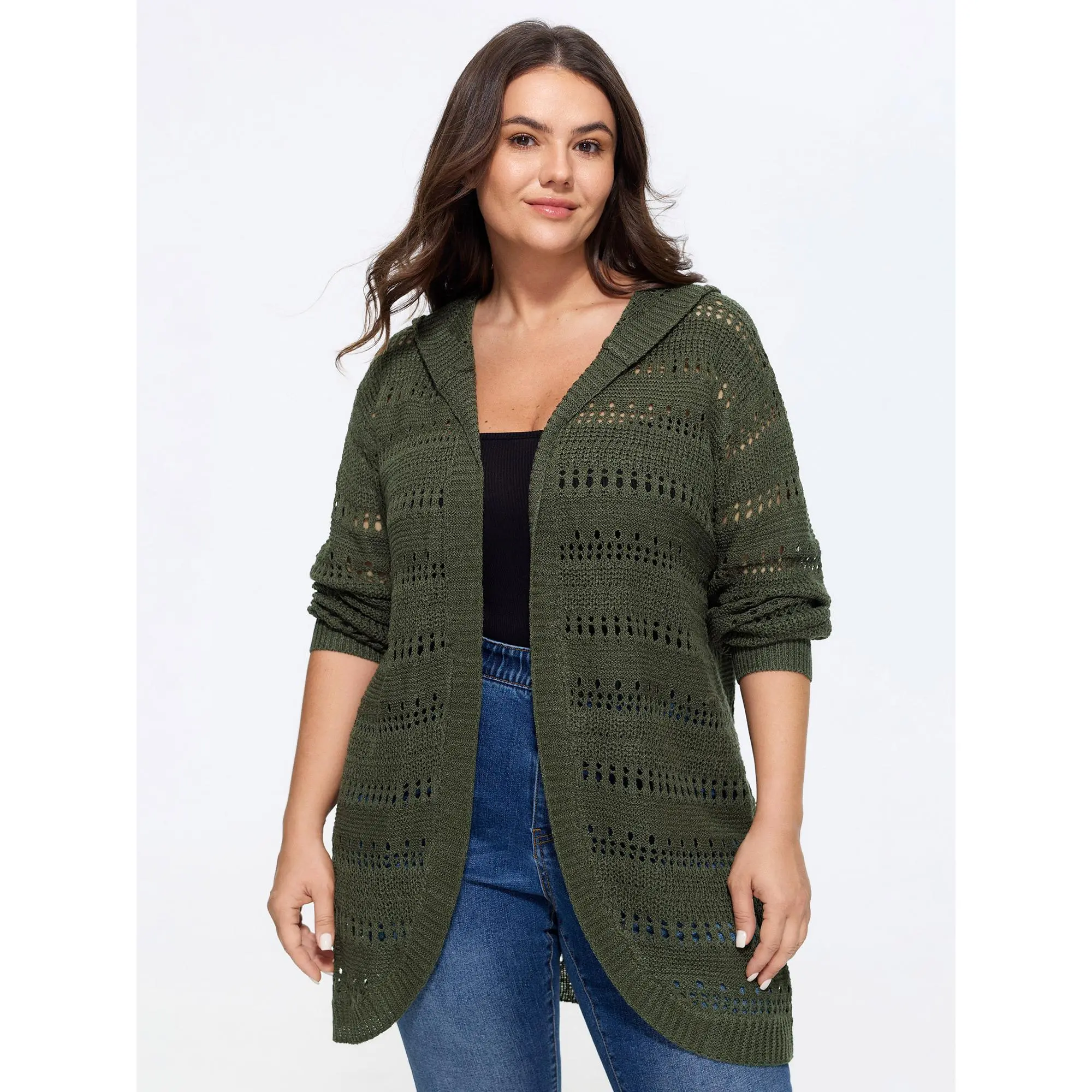 BloomChic Women's Plus Size Knitwear Hooded Open Front Cut Out Long Sleeve Cardigan [M-6X] - Casual Fabric Garment, 2026 Summer Outfits, Summer Finds, Tops, Hooded Neck, Front Opening, Plus Size Clothes, Acrylic Knit, Basic, Cable Cut-Out