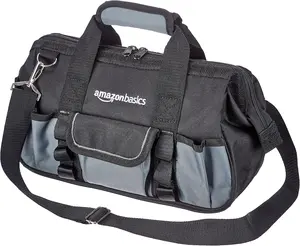 Amazon Basics Durable Wear-Resistant Tool Storage Bag with Adjustable Shoulder Strap, Portable Tool Organizer, 16 Pockets, 12 in, Black & Gray
