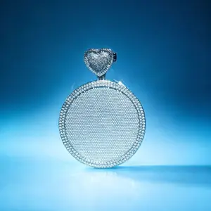 M2-5176 Iced Out Solid Round Plate Pendant With Heart‑Shaped Bail Full CZ Diamond Bust‑Down Hip‑Hop Unisex Rapper Necklace