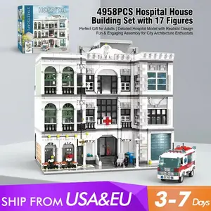 flash card 4958PCS Hospital House Buildings Sets with 17 Figures City Architecture Modular Building Block Assembly Model Kit Adults Gift