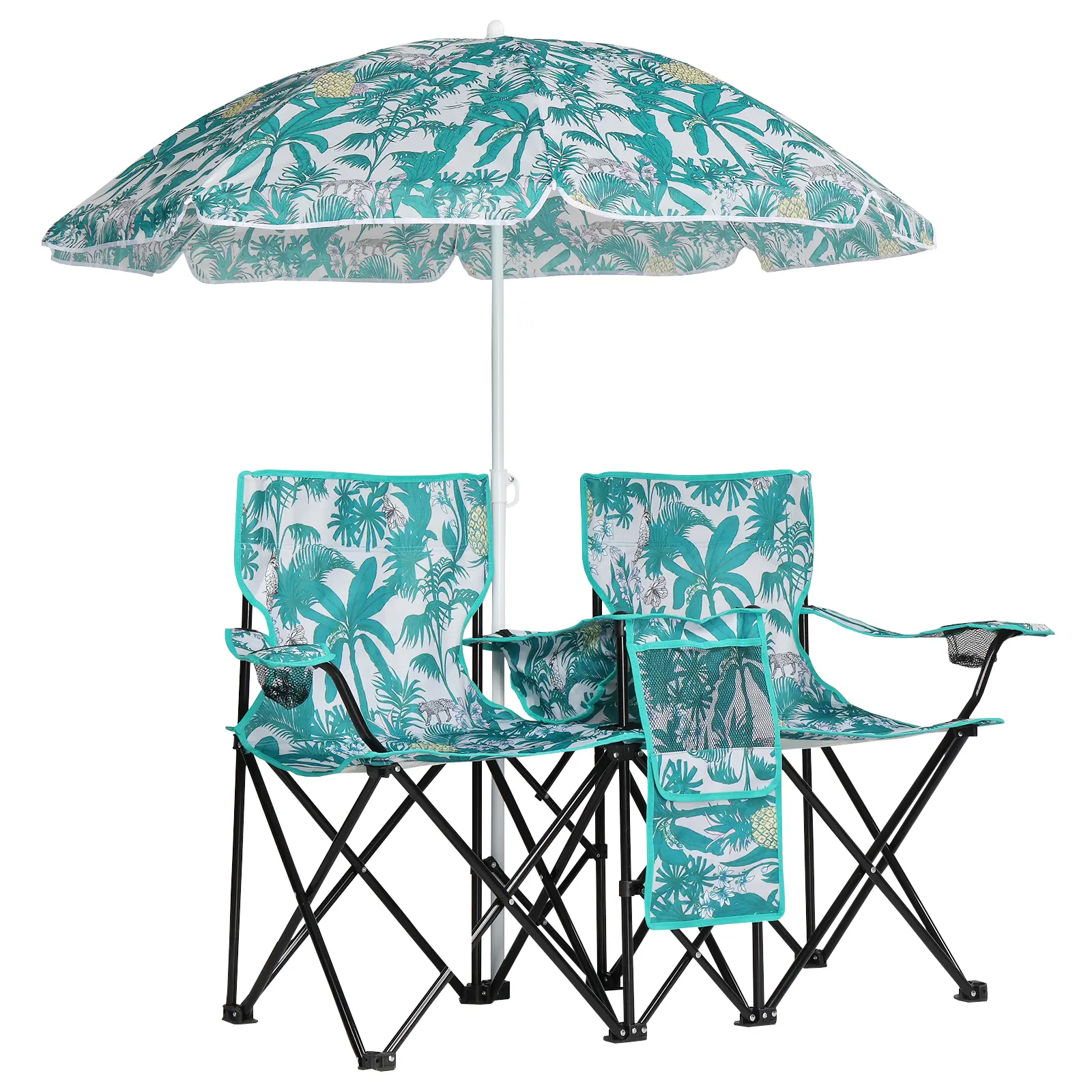 Double Portable Picnic Chairs, Folding Camping Chairs w/Detachable Umbrella, Cooler Bag, Cup Holders, Patio Beach Camping Chairs for Outdoors-Back to School Capacity Pineapple style, Campchair, Collapsible Folding Chair