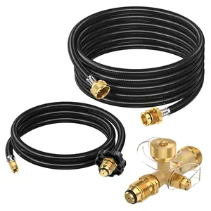 【Hot Seller】GasXpert RV Natural Gas Hose Kit with 3-Way 4-Port Brass Fitting, Includes 5FT and 12FT Hoses – Essential for Safe and Reliable Gas Connections Outdoors