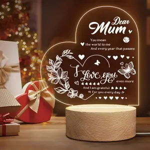 Acrylic Night Light USB Powered Wooden Base, Birthday Gift for Mom Dad Brother Wife Sister, Christmas Thank You Present
