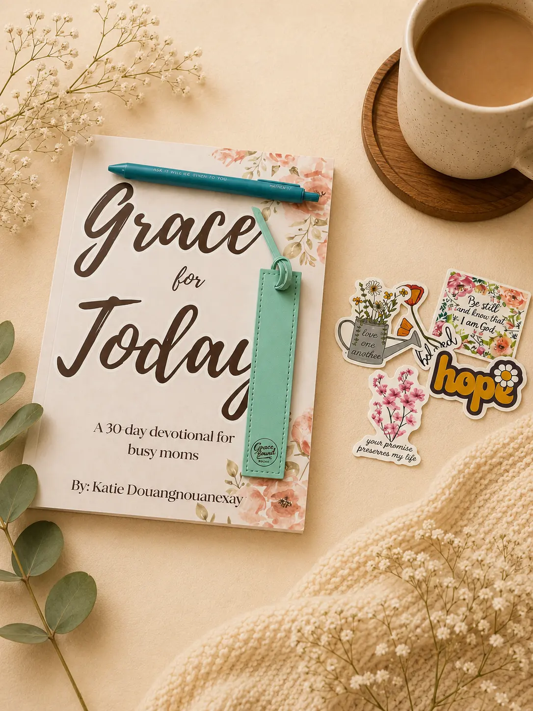 Quiet Time Bundle – Christian Devotional Set: Bookmark, Pen & Stickers (Grace for Today)