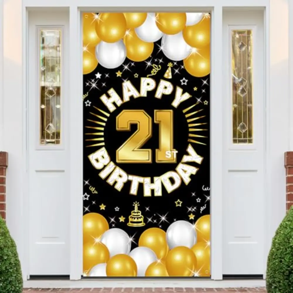 2D Flat Banner 1pcs Happy 21st Birthday Decorations, Party Decorations Banners, Party Banner Backdrop Yard Sign Photo Props Door Background Decor Supplies for Men Women, Black Gold Theme, Professional Photographer Video Backdrops