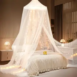 Bed Canopy with Lights, Bed Canopy for Girls Princess with Luminous Stars, Canopy Bed Curtains for Twin Size Bed, Baby Kids Adult Indoor Decor Bedroom Reading Nook Outdoor Camping, White