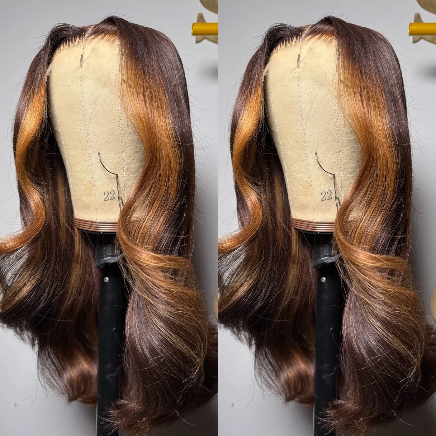 Female 26-Inch Synthetic Wavy Lace Front Wig, Brown Ombre Highlight, 13-4 HD Transparent Lace, Pre-Plucked Natural Hairline, 180 Density, Heat-Resistant Fiber Hair