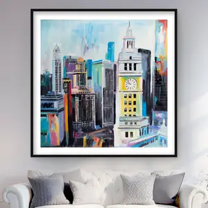 212 MAIN Artistic Bold Colorful Manhattan Cityscape Matted Framed Print Wall Artwork - 48x48 in., Turquoise Frame, Vibrant Details, Home Decor for Room Decoration