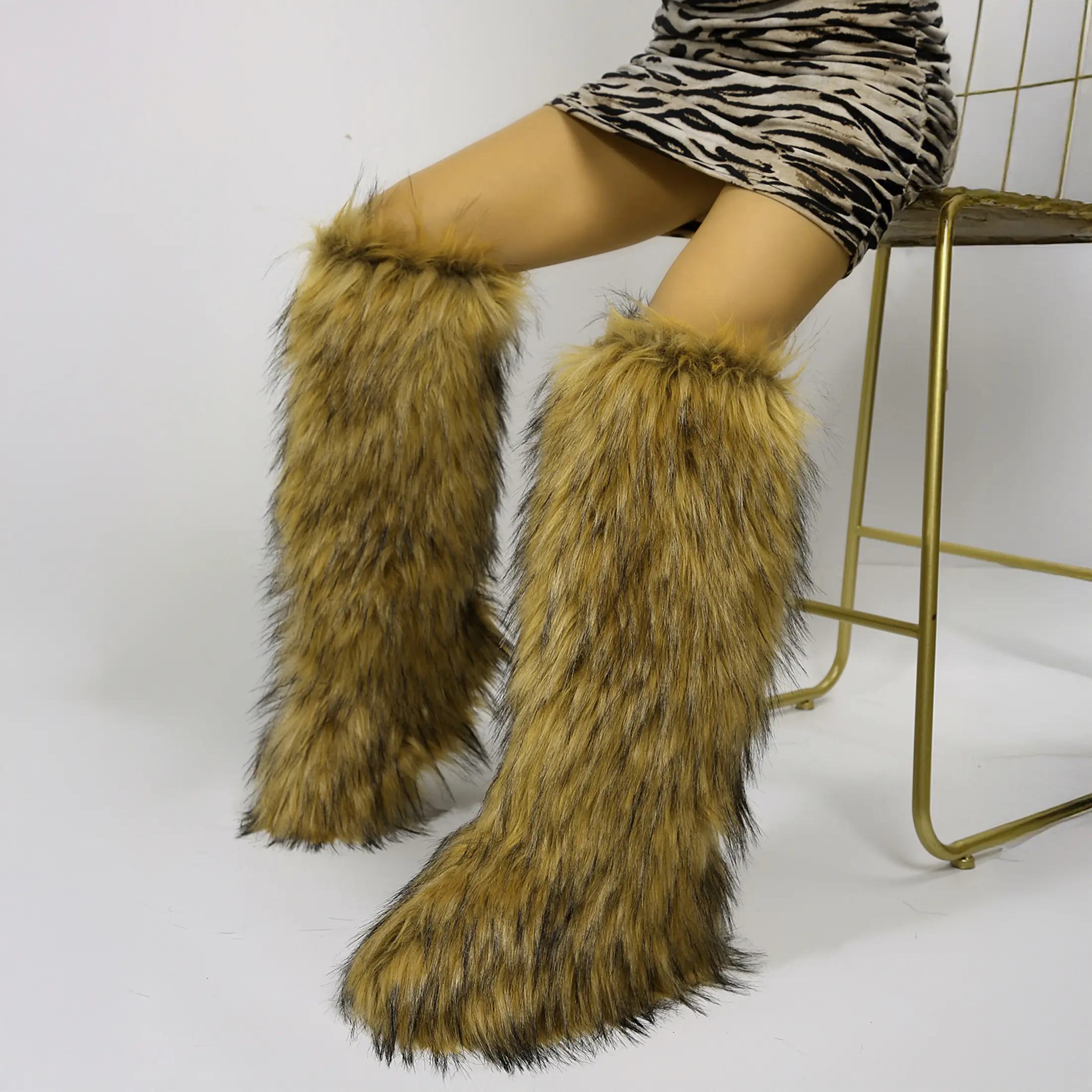 Women's Faux Plush Knee High Boots Winter Footwear, Soft & Warm with Fluffy Design Indoor Outdoor Shoes