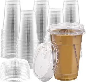 Plastic Cups 100 Sets 16 oz with Strawless Sip-Lids, Clear Disposable For Smoothie Cold Drinks Beverages Cafe, School, Work & Home Use