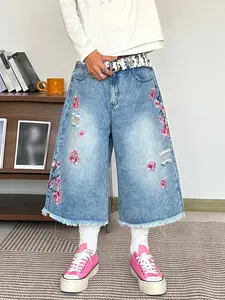 Summer New American Retro Floral Embroidery Ripped Loose Jeans Shorts, Street Hip Hop Fashion Blue Mid-Length Pants for Men, Comfortable Denim Fabric