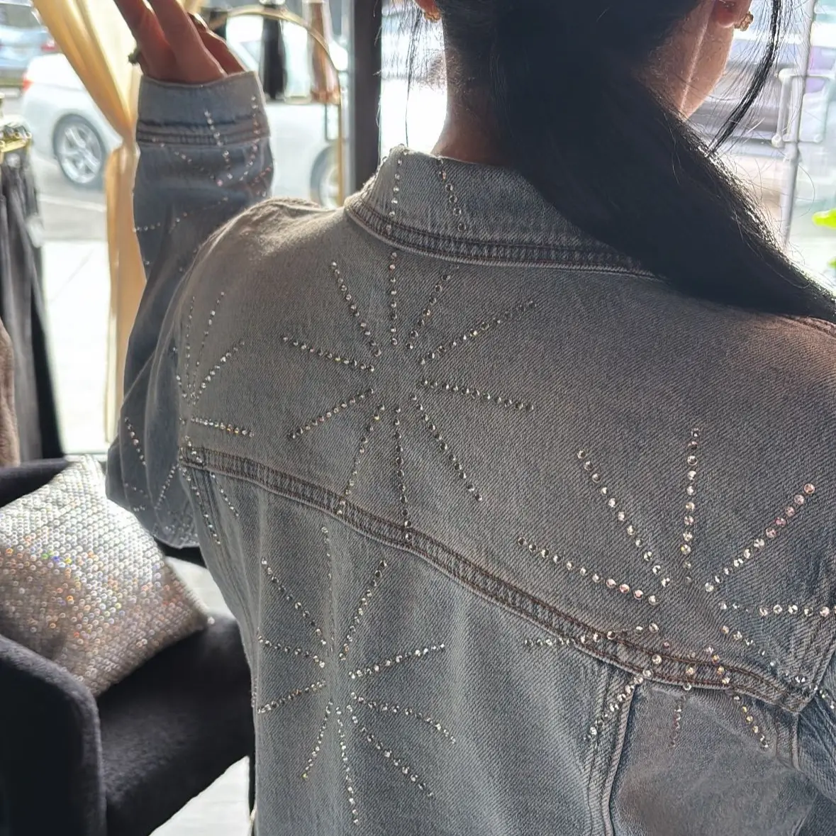 Jean Rhinestone Jacket Casual Women's Coat with Rhinestone Detail, Long Sleeve, Comfortable Outerwear for Bridal & Womenswear - Tops, Coats