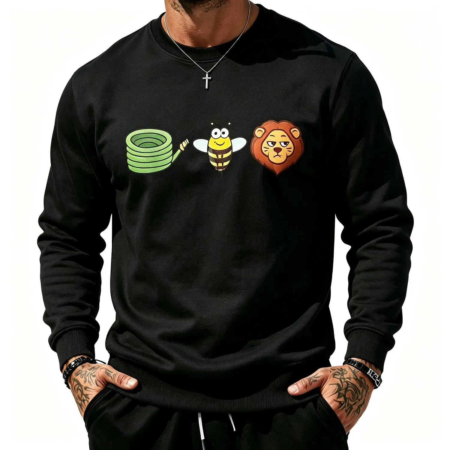 Crew Neck Sweatshirt Lion Bee Hose Graphic Pullover Casual Streetwear Vintage Art Print Pullover Comfort Relaxed Fit Long Sleeve Sweatshirt Top