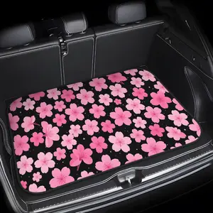 1pc [2D Flat[Pink Cherry Blossom Black Bottom Printed Car Trunk Mat - Durable, Easy-Clean, Stylish Decorative Mat for New Year's/ Christmas/ Valentine's Day/ Easter/ Birthday, Car Trunk Mat, Auto Interior Decor, Vehicle Accessory, Car Mats, 2D Flat